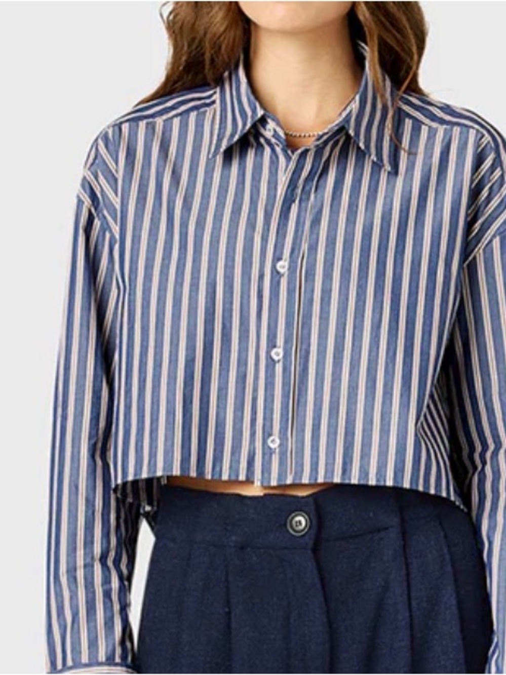 The Lady and Sailor Cropped Blue & White Vertical Stripe Button-Up Shirt